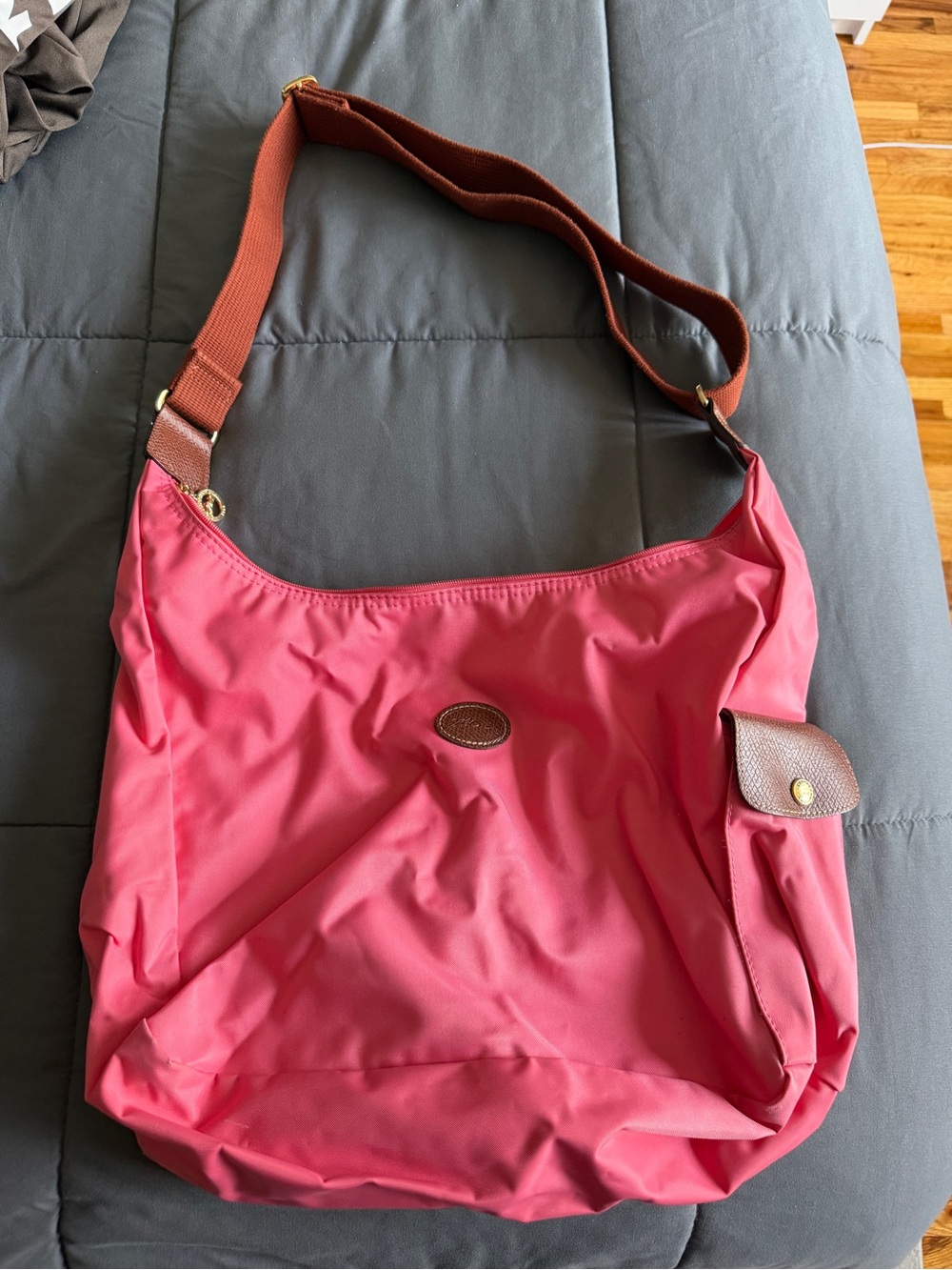 Longchamp Pink Nylon Hobo with Brown Trim and Adjustable Strap